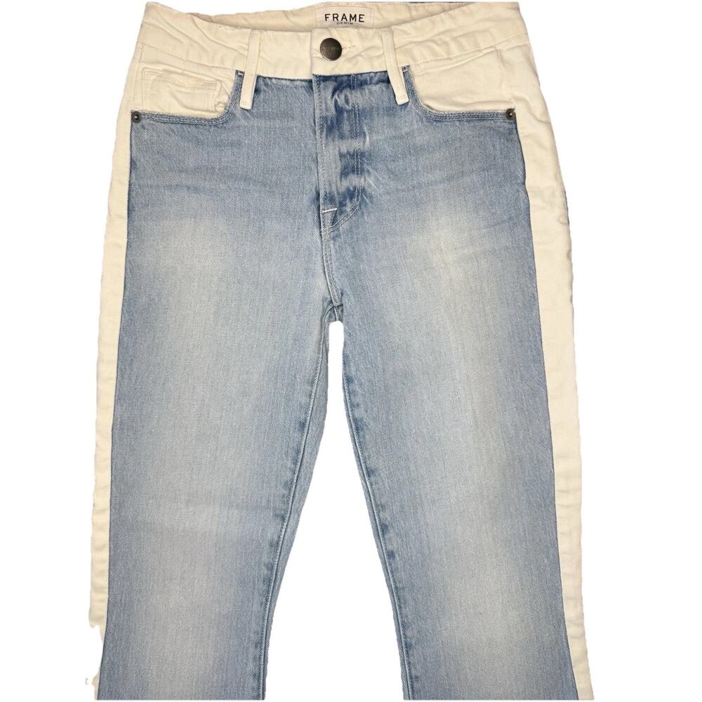 FRAME Le Crop Mini Boot Jeans Womens 24 Blue White Stripe Raw Hem Flare Cropped - Picture 3 of 16